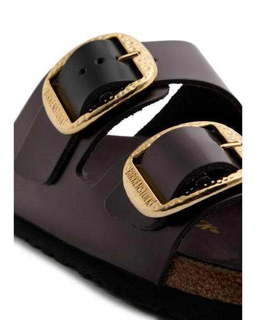 Birkenstock Brown Arizona Big Buckle Glossed Leather Sliders