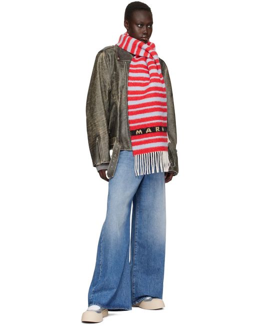 Marni Red Striped Fringed Scarf