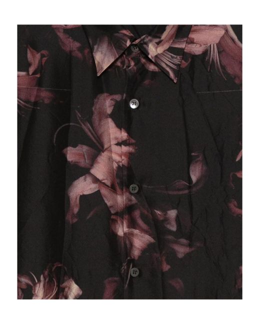Dries Van Noten Black Short-Sleeved Silk Shirt With Floral Print for men