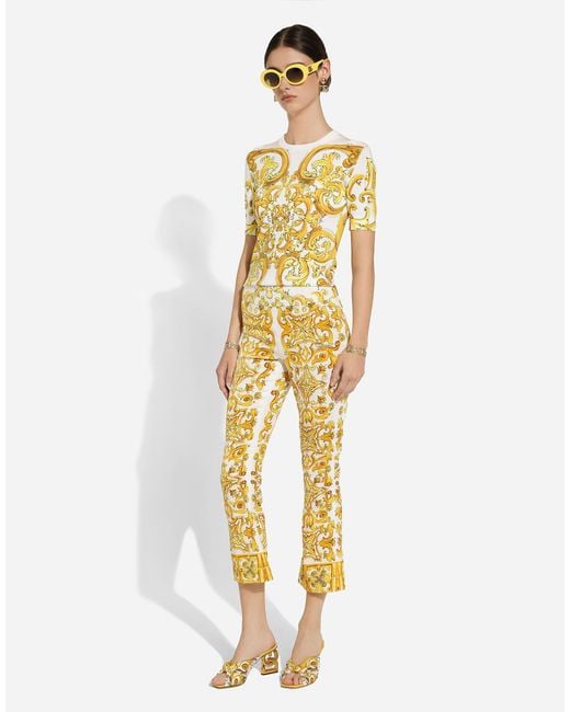 Dolce & Gabbana Metallic Majolica Trumpet-Leg Silk Pants