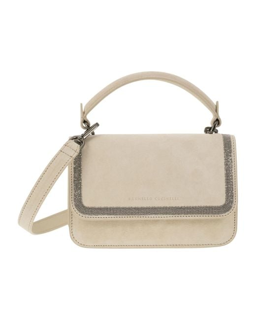 Brunello Cucinelli White Logo-Embossed Embellished Top Handle Bag