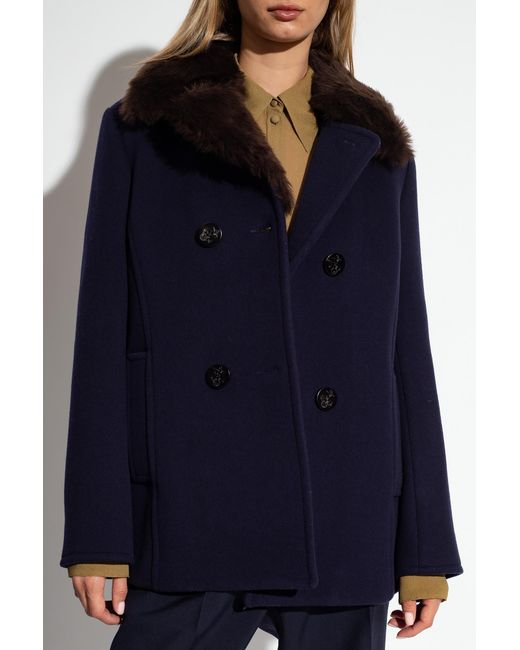 Tory Burch Blue Notched-Lapels Shearling Jacket