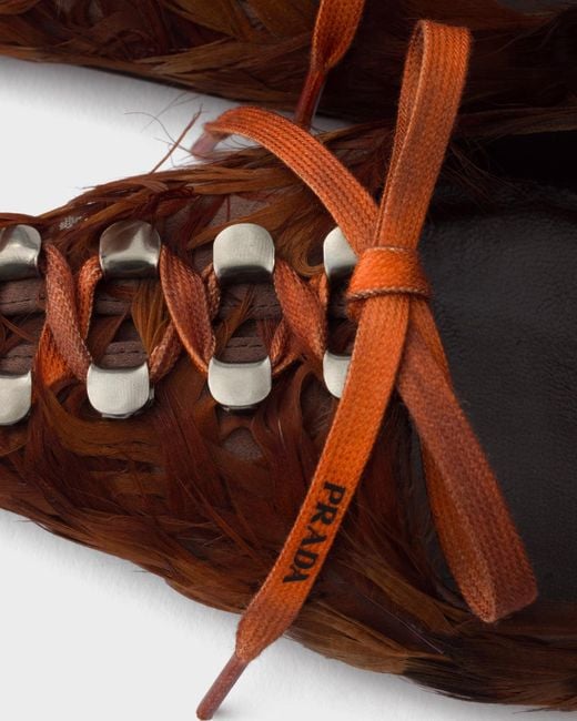 Prada Brown Feather-Embellished Satin Pumps