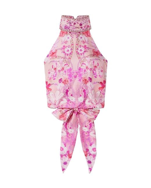 Camilla Pink Cropped Crystal-Embellished Printed Silk Halterneck Top