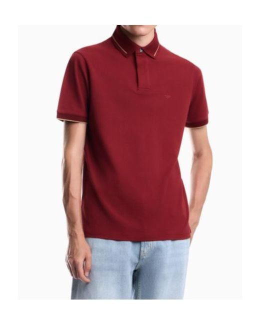 Emporio Armani Red Pique Polo Shirt With Stripe Detail On The Collar for men