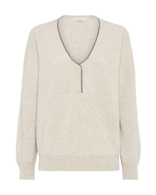 Brunello Cucinelli White Shoulder And Long-Sleeved Sweater