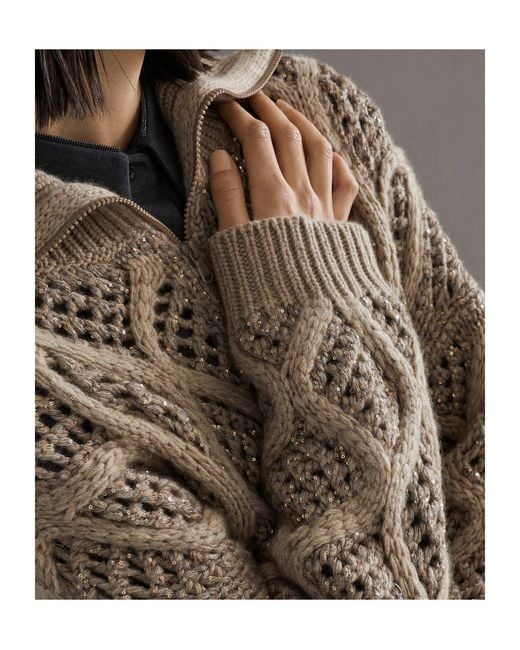 Brunello Cucinelli Natural Zipped Open-Knit Cardigan