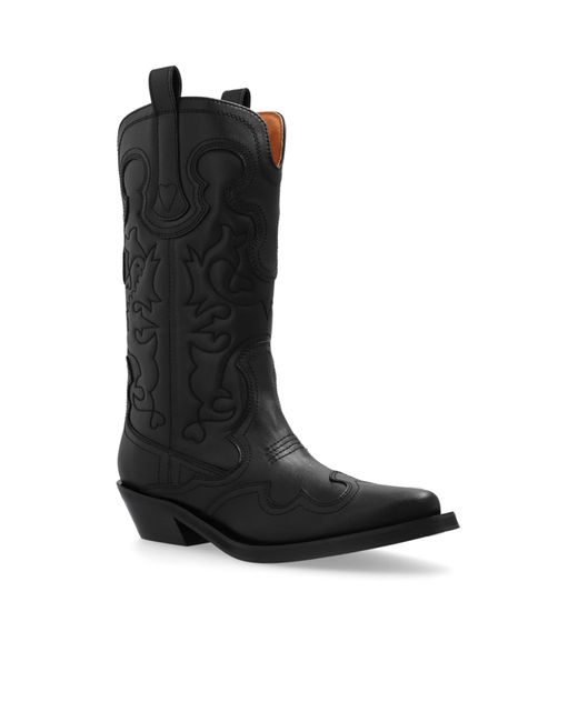 Ganni Black Cowboy Boots With A Pattern