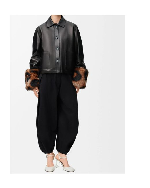 Loewe Black Leopard-Print Shearling-Trimmed Glossed-Leather Jacket