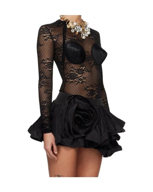 VAQUERA Black Lace Bullet Bra Round Neck Bodysuit