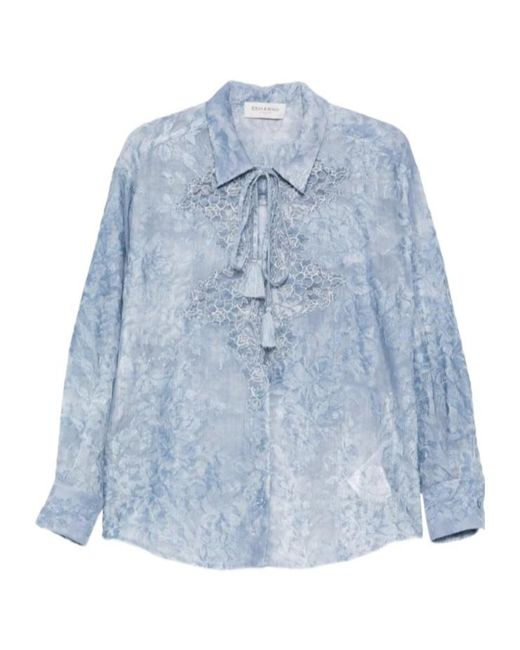 ERMANNO FIRENZE Blue Floral Embroidered Shirt