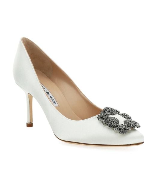 Manolo Blahnik White Hangisi Embellished Satin Pumps