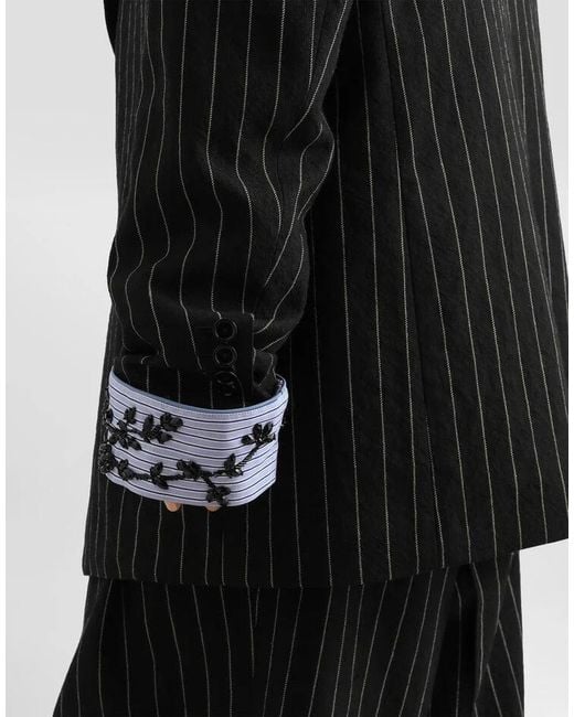 Dolce & Gabbana Black Virgin Wool-Linen Pinstripe Sicilia Blazer