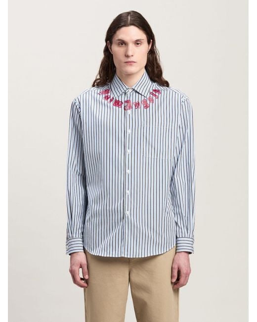Palm Angels Blue Logo Printed Striped Shirt for men