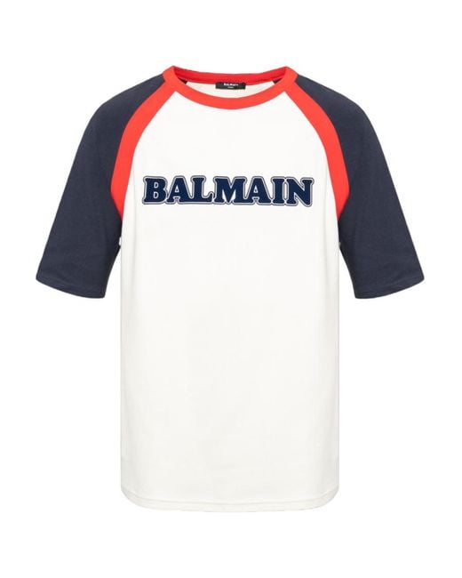 Balmain Blue Flocked Logo Crewneck T-Shirt for men