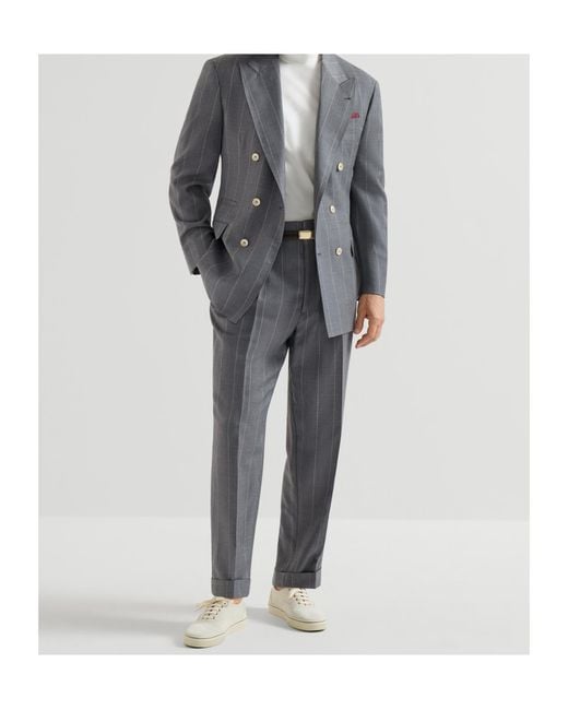 Brunello Cucinelli Gray Virgin Wool Chalk Stripe Trousers With Double Pleats for men