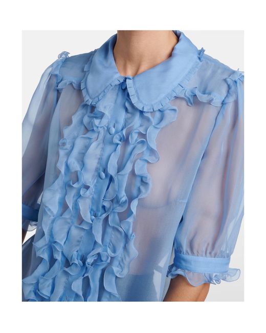 Dolce & Gabbana Blue Ruffled Semi-Sheer Silk Blouse