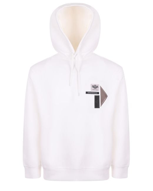 Emporio Armani White Logo Patch Drawstring Hoodie for men