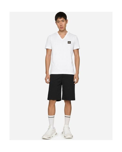 Dolce & Gabbana White Logo Patch V-Neck T-Shirt for men