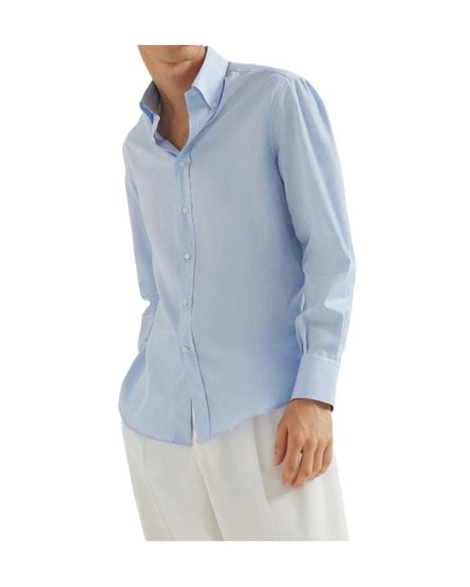 Brunello Cucinelli Blue Microcheck Button-Down Collar Basic Fit Shirt for men