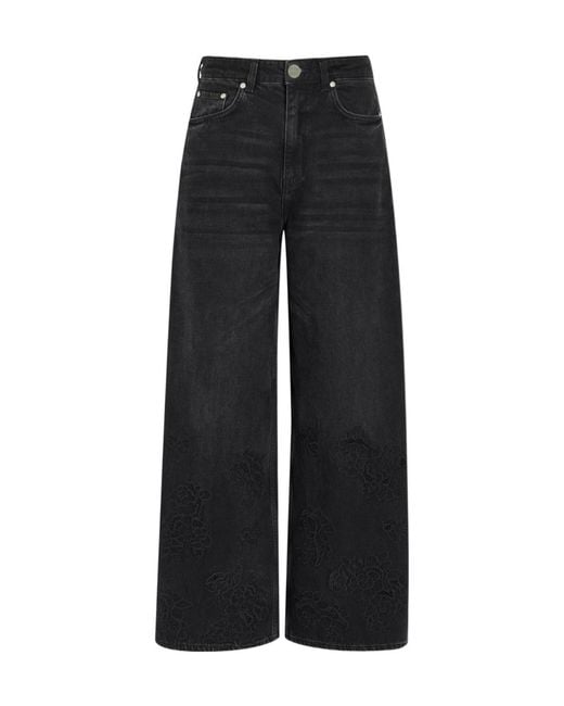 Ganni Black Floral-Embroidered Wide-Leg Jeans