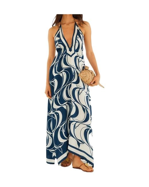 Farm Rio Blue Fish-Print Halterneck Maxi Dress