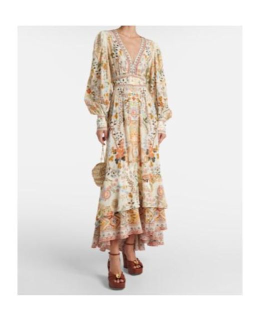 Camilla Natural Printed Tiered Silk Maxi Dress