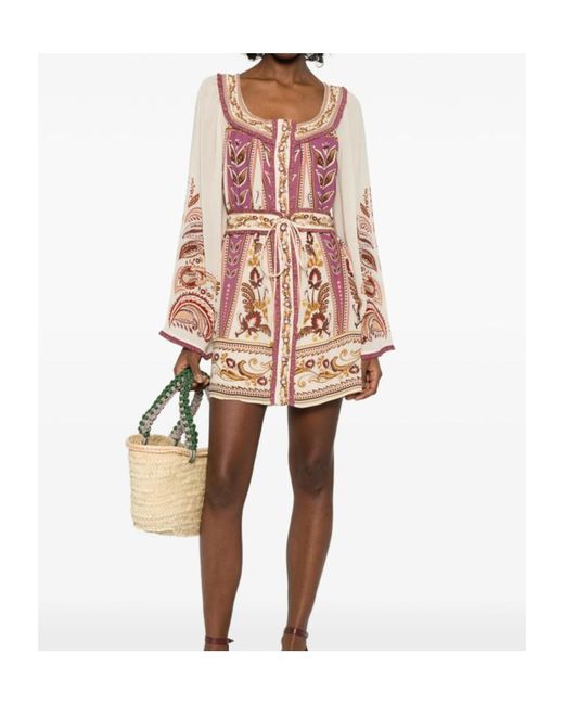 Farm Rio Pink Floral Printed Tie-Waist Scoop Neck Mini Dress