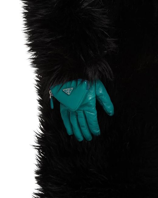 Prada Blue Nappa Leather Gloves With Pouch