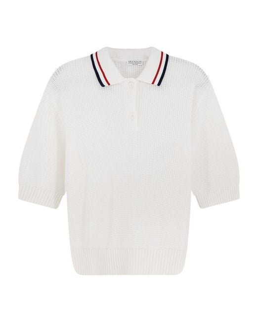 Brunello Cucinelli White Short Sleeve Striped Jumper