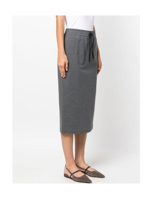 Brunello Cucinelli Gray Drawstring-Waist Midi Pencil Skirt