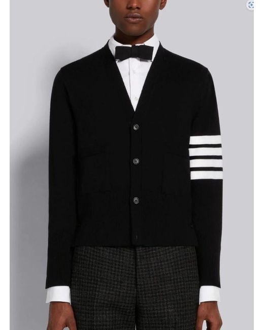 Thom Browne Black Bar Stripe V-Neck Cardigan for men