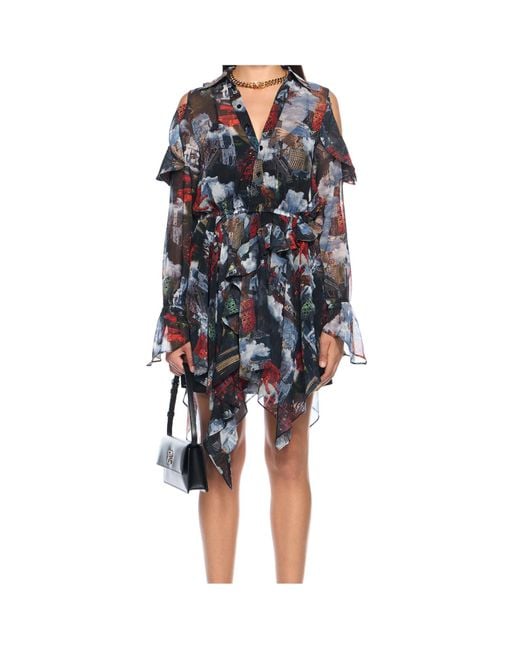 Off-White c/o Virgil Abloh Blue World Paint Geo Ruffled Asymmetric Mini Dress