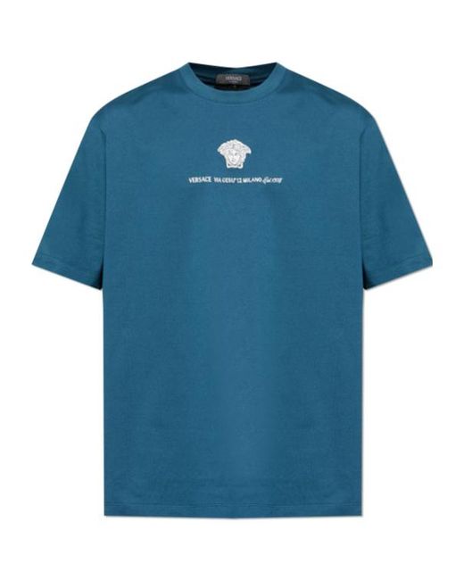 Versace Blue Logo Embroidered Crewneck T-Shirt for men