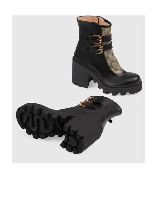 Gucci Black Gg Supreme Buckle Ankle Boots