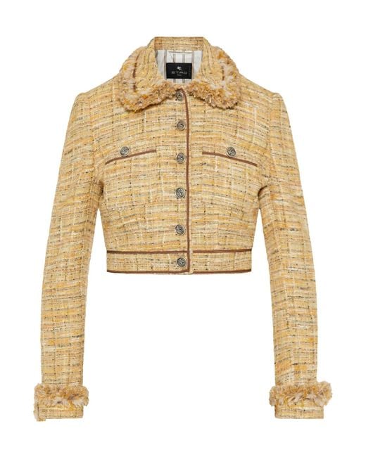 Etro Natural Cropped Tweed Fringe-Trim Jacket