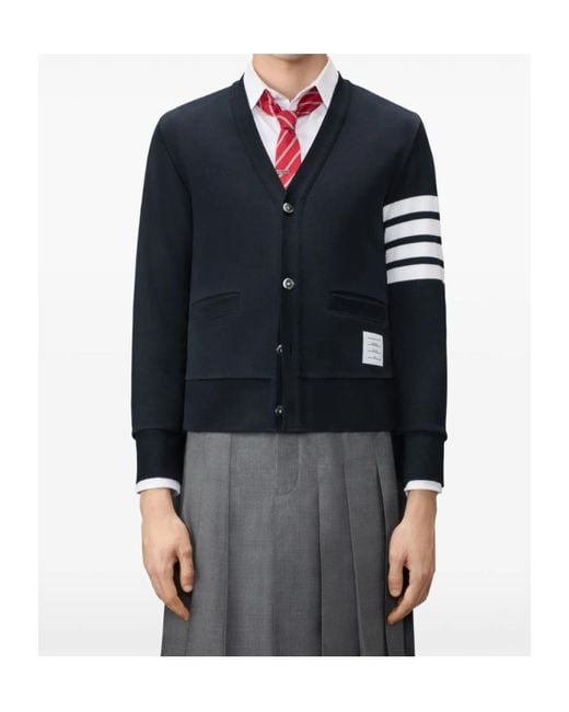 Thom Browne Blue Intarsia Sleeve-Stripe Cardigan for men