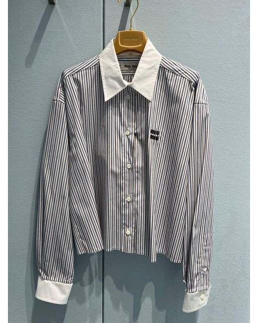 Miu Miu Gray Logo-Embroidered Striped Shirt