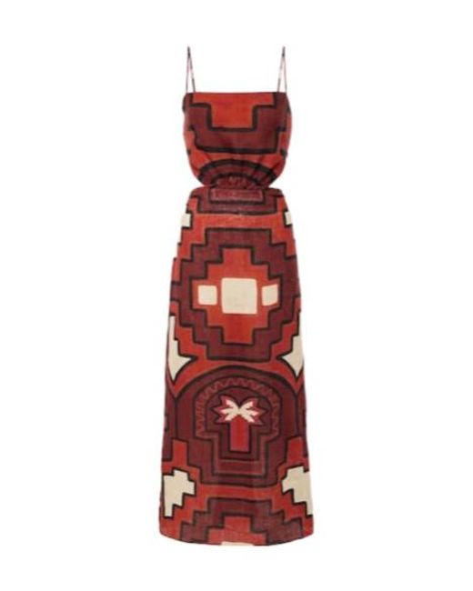 Johanna Ortiz Red Printed Cutout Linen Midi Dress