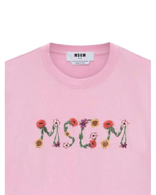 MSGM Pink Logo Printed Crewneck T-Shirt