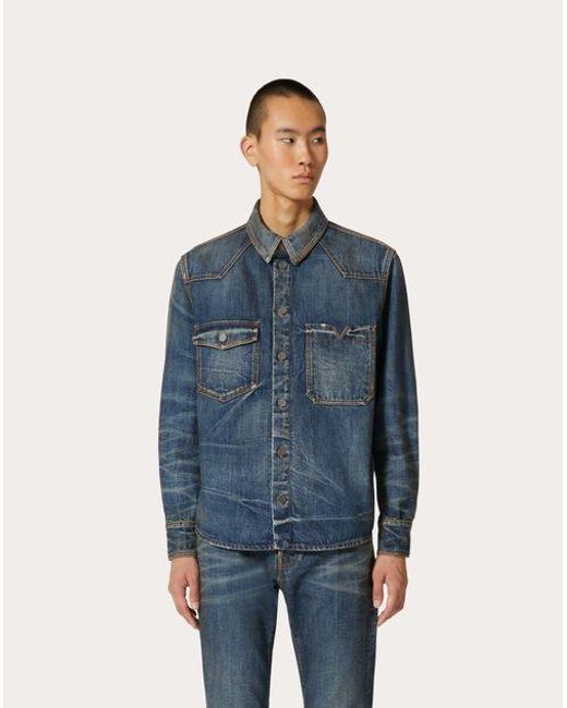 Valentino Blue V-Logo Buttoned Denim Jacket for men