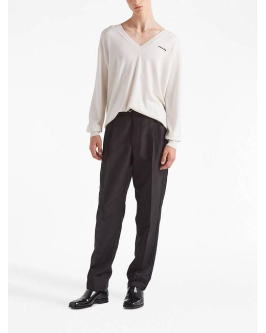 Prada White Long-Sleeved V-Neck Jumper for men