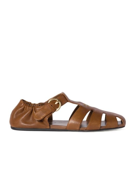 Miu Miu Brown Nappa Leather Ruches Fisherman Sandals