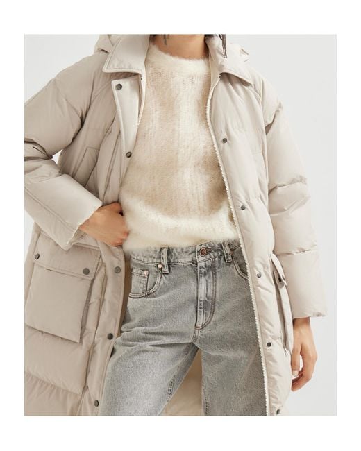 Brunello Cucinelli Natural Zipped Hooded Quilted Coat