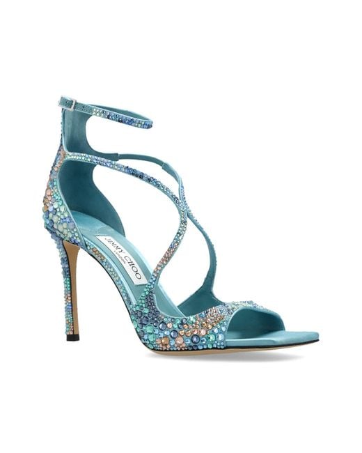 Jimmy Choo Blue Azia Crystal Strap Heeled Sandals