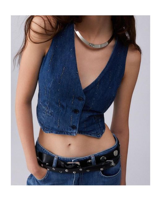 Liu Jo Blue Rhinestone Button Denim Vest