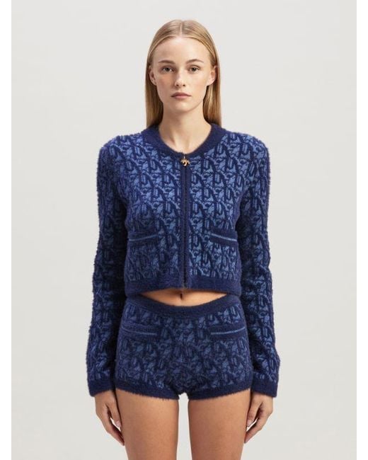 Palm Angels Blue Monogram-Jacquard Zip-Up Cardigan