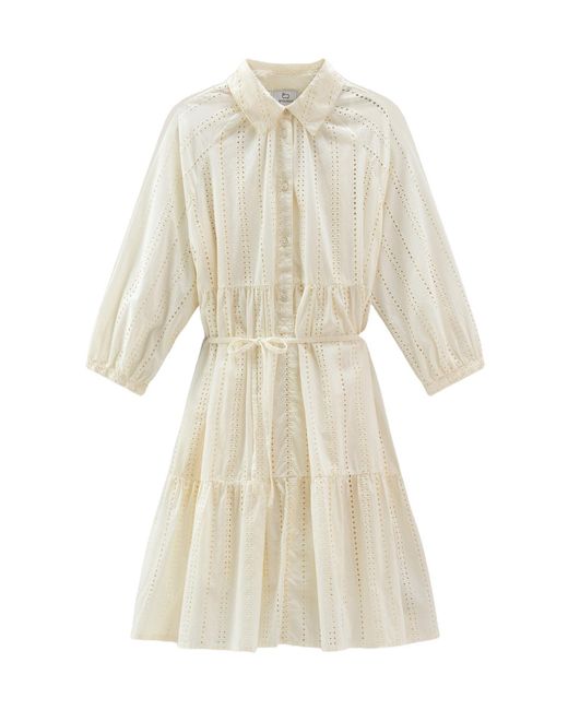 Woolrich Natural Broderie Anglaise Tied Waist Shirt Dress