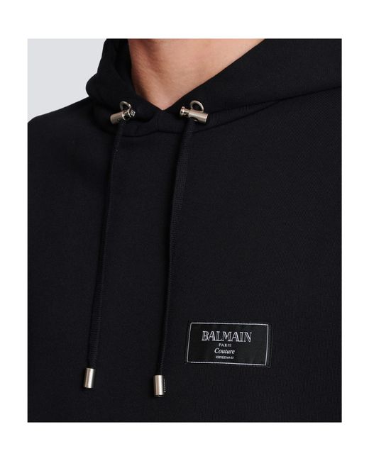 Balmain Black Logo Patch Drawstring Hoodie for men
