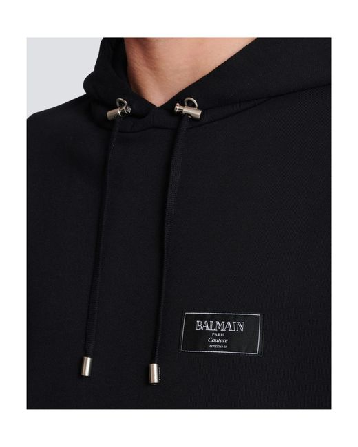 Balmain Black Logo Patch Drawstring Hoodie for men